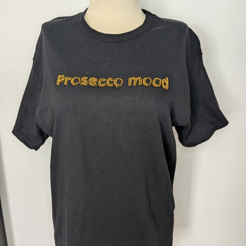 Hand-Embroidered "Prosecco Mood" Gold Beaded Tee